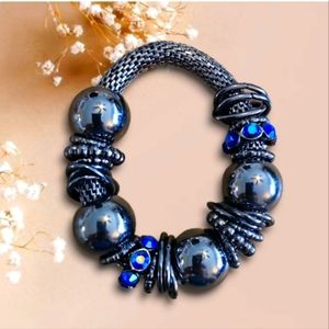 Gunmetal Grey Bead and Crystal Accented Heavy Chain Stretchable Bracelet.